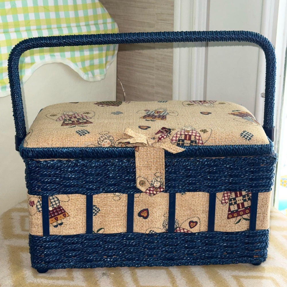 Charming Blue and Tan Sewing Basket